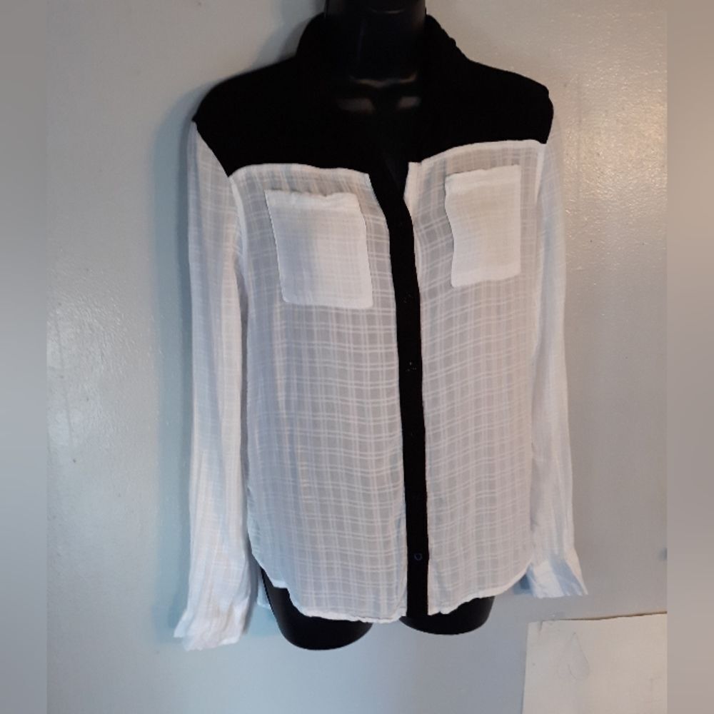 Aeropostale semi sheer white/black trim button down blouse